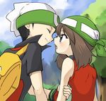  1girl ageha bad_id bad_pixiv_id bandana blush couple fang hat hetero lowres nuzzle odamaki_sapphire pokemon pokemon_special ruby_(pokemon) 