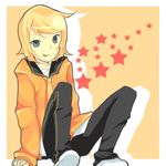  androgynous bad_id bad_pixiv_id blonde_hair blue_eyes crossdressing kagamine_rin lowres necktie reverse_trap short_hair sitting smile solo sora_(pixiv200664) star tongue vocaloid 