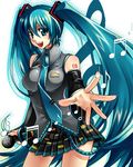  aqua_eyes aqua_hair bad_id bad_pixiv_id detached_sleeves esythqua foreshortening hatsune_miku long_hair looking_at_viewer microphone musical_note necktie open_mouth outstretched_hand skirt smile solo twintails very_long_hair vocaloid 