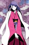  chou_shittou_caduceus doctor hospital_rokunin_no_ishi japanese_clothes kimono labcoat long_hair pink_eyes purple_hair satou_karume smile solo tomoe_tachibana 