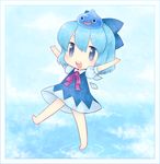  arms_up barefoot blue_eyes blue_hair border bow chibi cirno crossover dragon_quest hair_bow happy mg object_on_head short_hair slime slime_(dragon_quest) solo touhou water 
