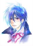  1boy black_jack black_jack_(copyright) blue_hair male male_focus multicolored_hair portrait purple_eyes scar simple_background solo tsubakien two-tone_hair violet_eyes 