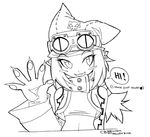  :3 animal_hat blush_stickers cat_hat claws collar disgaea english gloves goggles greyscale hat jason_robinson makai_senki_disgaea_2 midriff monochrome pointy_ears signature sketch slit_pupils solo thief_(disgaea) tsurime upper_body waving 