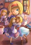  alice_margatroid blonde_hair blue_eyes boots cup doll hair_ribbon hairband hakkotsu_shitai hat heart kirisame_marisa long_hair multiple_girls one_eye_closed ribbon short_hair string touhou witch_hat 