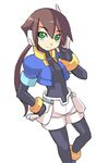  aile alternate_hairstyle animated animated_gif bodysuit braid brown_hair capcom fingerless_gloves glasses gloves green_eyes long_hair lowres ponytail robot_ears rockman rockman_zx short_hair shorts smile solo spandex 