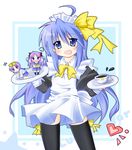  :3 ahoge apron blue_eyes blue_hair cup hiiragi_kagami hiiragi_tsukasa izumi_konata long_hair lucky_star maid_headdress minigirl mole mole_under_eye multiple_girls ooji_cha purple_eyes purple_hair ryouou_school_uniform school_uniform serafuku short_hair tareme tea teacup thighhighs tsurime twintails waitress yellow_neckwear 