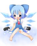  bad_id bad_pixiv_id barefoot blue_eyes blue_hair bow child cirno hair_bow mary_janes nora_(pixiv) shoes short_hair sitting socks solo touhou wings 
