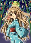  aisaka_taiga bamboo bamboo_forest blue_kimono blush brown_eyes brown_hair forest japanese_clothes kimono long_hair moon nature nikyu paw_print smile solo tanabata tanzaku toradora! yukata 