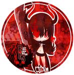  bikini_top black_gold_saw black_hair black_rock_shooter boots burning_eye chibi coat hane horns king_saw long_hair midriff red_eyes shorts solo sword weapon 