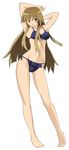  armpits arms_up bad_id bad_pixiv_id barefoot bikini brown_eyes brown_hair feet frills gakkun legs long_hair original solo swimsuit 