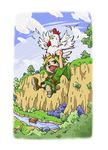  bird blonde_hair chicken cloud cucco day dock gliding hinomaru_(firesoul) link male_focus open_mouth pointy_ears river sky solo the_legend_of_zelda 