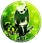  bikini_top black_devil_girl black_hair black_rock_shooter chibi coat glasses glowing glowing_eyes green_eyes hane headphones horns katana long_hair midriff skull solo sword tears weapon 