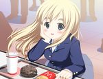 blonde_hair blue_eyes blush drink food french_fries hamburger k-on! kotobuki_tsumugi long_hair morishi school_uniform solo 