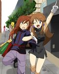  1girl ageha aroma_lady_(pokemon) bad_id bad_pixiv_id beauty_(pokemon) black_dress blue_(pokemon) blush brown_hair couple dress earrings gloves height_difference hetero jewelry one_eye_closed pokemon pokemon_special short_dress silver_(pokemon) 