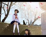  brown_hair cat cherry_blossoms copyright_request kiyohisa multiple_girls school_uniform serafuku short_hair 