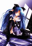  absurdres blue_hair highres len long_hair one_eye_closed pointy_ears red_eyes skirt solo thighhighs tsukihime yukirin 