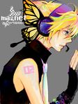  bad_id bad_pixiv_id blonde_hair butterfly_wings fingerless_gloves gloves headphones headset kagamine_len magnet_(vocaloid) male_focus necktie solo vocaloid wings wory 