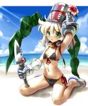  arm_up beach bikini blonde_hair cloud day flat_chest flip-flops flower front-tie_top full_body gauntlets green_eyes helmet hibiscus katahira_masashi knife leaf long_hair navel original outdoors sandals side-tie_bikini sitting sky solo sunlight swimsuit wariza 