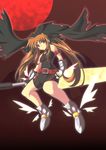  bardiche belt boots brown_hair cape cosplay fate_testarossa fingerless_gloves gloves highres ka2 long_hair lyrical_nanoha mahou_shoujo_lyrical_nanoha_strikers red_eyes solo twintails 