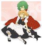  blonde_hair braid character_name closed_eyes colored_eyelashes copyright_name green_hair hat kazami_yuuka kirisame_marisa lap_pillow miyuu_(crazy_lollipop) multiple_girls phantasmagoria_of_flower_view plaid plaid_skirt plaid_vest short_hair skirt skirt_set sleeping touhou vest witch_hat 