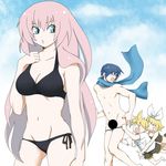  &gt;_&lt; 2girls aobe bad_id bad_pixiv_id bikini bikini_pull blonde_hair blue_eyes blue_hair blue_scarf breasts censored cleavage closed_eyes hair_ornament hair_ribbon hairclip kagamine_len kagamine_rin kaito large_breasts long_hair male_swimwear megurine_luka multiple_boys multiple_girls pink_hair ribbon scarf short_hair shorts siblings side-tie_bikini smile swim_briefs swimsuit swimwear twins vocaloid 