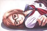  brown_eyes brown_hair glasses lying nyaou original school_uniform serafuku short_hair solo 