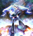  blue_eyes blue_hair detached_sleeves hatsune_miku highres legs long_hair necktie plastick skirt smile solo star thighhighs twintails vocaloid zettai_ryouiki 