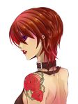  bad_id bad_pixiv_id bare_shoulders brown_hair collar doutoku_no_jukai_(vocaloid) earrings flower jewelry lipstick makeup meiko purple_eyes rose short_hair simple_background smile solo tattoo vocaloid 