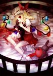  bad_id bad_pixiv_id bed blonde_hair chain cuffs cup flandre_scarlet glowing hat lying nishiki_koi on_side one_side_up ponytail red_eyes short_hair solo spill stuffed_animal stuffed_toy tea teacup tears teddy_bear touhou wings 