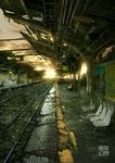  billboard chair clock cloud empty messy no_humans original overgrown post-apocalypse railroad_tracks real_world_location ruins scenery shibuya_(tokyo) signature sky sunlight tactile_paving tokyo_(city) tokyogenso train_station 