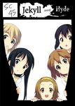  akiyama_mio black_border black_hair blonde_hair blue_eyes border brown_eyes brown_hair circle_cut hair_ornament hairband hairclip hirasawa_yui k-on! kotobuki_tsumugi long_hair mizuki_makoto multiple_girls nakano_azusa open_mouth short_hair smile tainaka_ritsu 