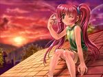  air blush brown_eyes highres michiru_(air) mutsuki_(moonknives) one_eye_closed red_hair rooftop solo sunset twintails wallpaper 