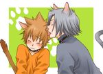  animal_ears blush brown_hair cat_ears cat_tail katekyo_hitman_reborn! lick licking lowres male male_focus reborn silver_hair simple_background tail wrong_direction 