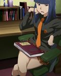  blue_eyes blue_hair book crossed_legs hyakko iizuka_tatsuki long_hair necktie plaid plaid_skirt school_uniform screencap sitting skirt solo 