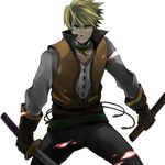  70sk blonde_hair blue_eyes choker gloves green_choker guy_cecil male_focus sheath smile solo sword tales_of_(series) tales_of_the_abyss weapon white_background 