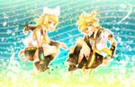  1girl bad_id bad_pixiv_id blonde_hair blue_eyes brother_and_sister hair_ornament hair_ribbon hairclip headphones headset kagamine_len kagamine_rin necktie ribbon short_hair shorts siblings smile twins vocaloid yamori_(ymrr) yellow_neckwear 