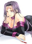  artist_request bare_shoulders blood breasts collar detached_sleeves dress fate/stay_night fate_(series) large_breasts long_hair lowres lying on_stomach purple_eyes purple_hair rider solo strapless strapless_dress very_long_hair 