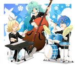  2girls aqua_eyes aqua_hair bad_id bad_pixiv_id blonde_hair blue_eyes blue_hair bridget00747 double_bass drum formal hair_ornament hair_ribbon hairclip hatsune_miku instrument jazz kagamine_rin kaito keyboard_(instrument) long_hair multiple_girls necktie ribbon short_hair suit twintails vocaloid 