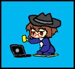  brown_hair chibi computer fedora glasses hat laptop lowres necktie solo sponge 