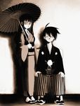  1girl glasses highres itoshiki_nozomu itoshiki_rin japanese_clothes kimono monochrome oriental_umbrella sayonara_zetsubou_sensei sepia shadow siblings sorethroat umbrella 