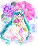  aqua_hair bad_id bad_pixiv_id blue_eyes chikuwa_emil dress flower hatsune_miku high_heels long_hair melt_(vocaloid) shoes solo traditional_media twintails umbrella very_long_hair vocaloid watercolor_(medium) 