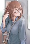  adjusting_hair bag bespectacled between_breasts breasts brown_eyes brown_hair casual glasses large_breasts older rozen_maiden short_hair smile solo souseiseki strap_cleavage tsuda_nanafushi 