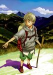  backpack bag brown_eyes brown_hair hands hat highres hood hood_down hoodie kiyohisa male_focus mountain original outstretched_arm outstretched_hand reaching shorts solo straw_hat walking_stick 