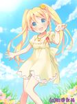  :d blonde_hair blue_eyes blurry braid breasts casual cleavage cloud day depth_of_field dress field flower flower_field hair_ornament jewelry long_hair looking_at_viewer necklace open_mouth original reaching side_braid single_braid sky small_breasts smile solo sparkle twintails usashiro_mani yellow_dress 