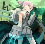  arrow bad_id bad_pixiv_id blue_eyes gloves itou_(golem_inc) kantai_collection looking_back neck_ribbon pink_hair ponytail red_neckwear red_ribbon ribbon school_uniform shiranui_(kantai_collection) short_hair solo turret vest white_gloves 