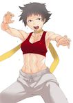  alternate_costume black_hair brown_eyes choker dougi fighting_stance jack_hamster makoto_(street_fighter) navel ribbon_choker short_hair solo sports_bra street_fighter sweat tomboy toned 