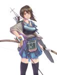 archery arrow artist_request bangs bow breasts brown_hair fingerless_gloves frown gloves hakama_skirt highres japanese_clothes kaga_(kantai_collection) kantai_collection kimono looking_at_viewer muneate ponytail quiver sash short_hair side_ponytail skirt solo stockings sword tasuki thighhighs weapon yellow_eyes 