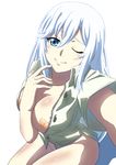  1girl absurdres bandaid bandaids_on_nipples between_breasts blue_eyes bottomless breasts commentary_request female_pubic_hair finger_to_mouth highres la_folia_rihavein long_hair niku_(58973017) one_eye_closed open_clothes open_shirt pasties pubic_hair reaching reaching_towards_viewer selfie shirt smile solo strike_the_blood white_hair 