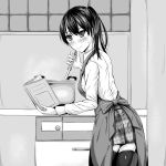  absurdres apron artist_request baking bangs blush book breasts cooking expressionless highres housewife japanese_clothes kaga_(kantai_collection) kantai_collection kitchen ladle medium_breasts monochrome oven plaid plaid_skirt ponytail pot short_hair side_ponytail skirt solo standing stockings sweatdrop thighhighs 