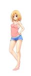 blonde_hair breasts brown_eyes denim denim_shorts fct full_body hand_on_hip highres legs long_hair medium_breasts parted_lips short_shorts shorts sideboob simple_background solo thighs white_background 